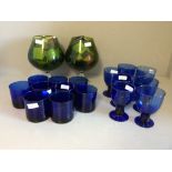 Set of Bristol blue water glasses & a set of similar wine glasses, together with a pair of giant