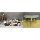 Small glass topped table on tripod aluminium legs, pair of giant salt & pepper mills, assorted china
