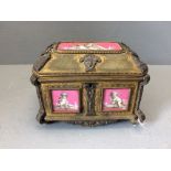 Decorative brass bound jewellery box, with raised ormolu decoration & inset panels of pink porcelain