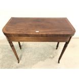 Regency mahogany & satinwood inlaid fold over card table with green baize interior 90cm