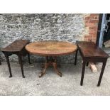 Mahogany fold over tea table 90 cm & an oval loo table with inline decoration & small mahogany