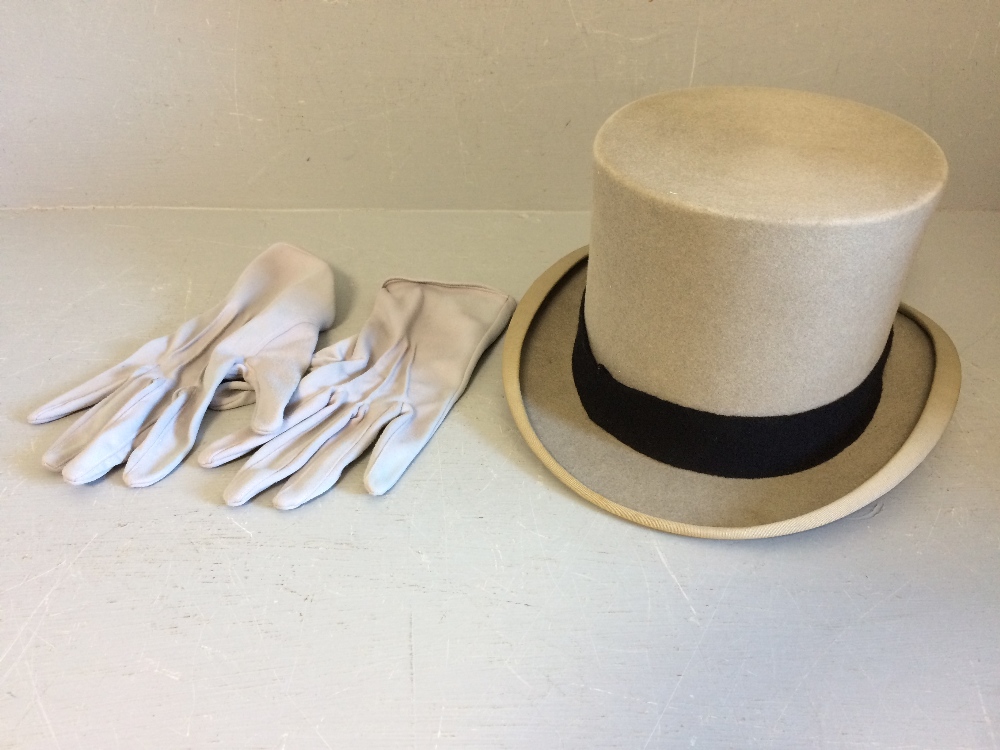 Moss Bros grey top hat & a pair of gentleman's grey gloves