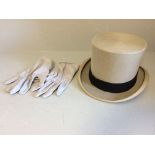 Moss Bros grey top hat & a pair of gentleman's grey gloves