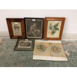 C19th Floral water colour in maple frame 23 x 17 cm, C19th valentine card framed 18 x 11 cm, C19th