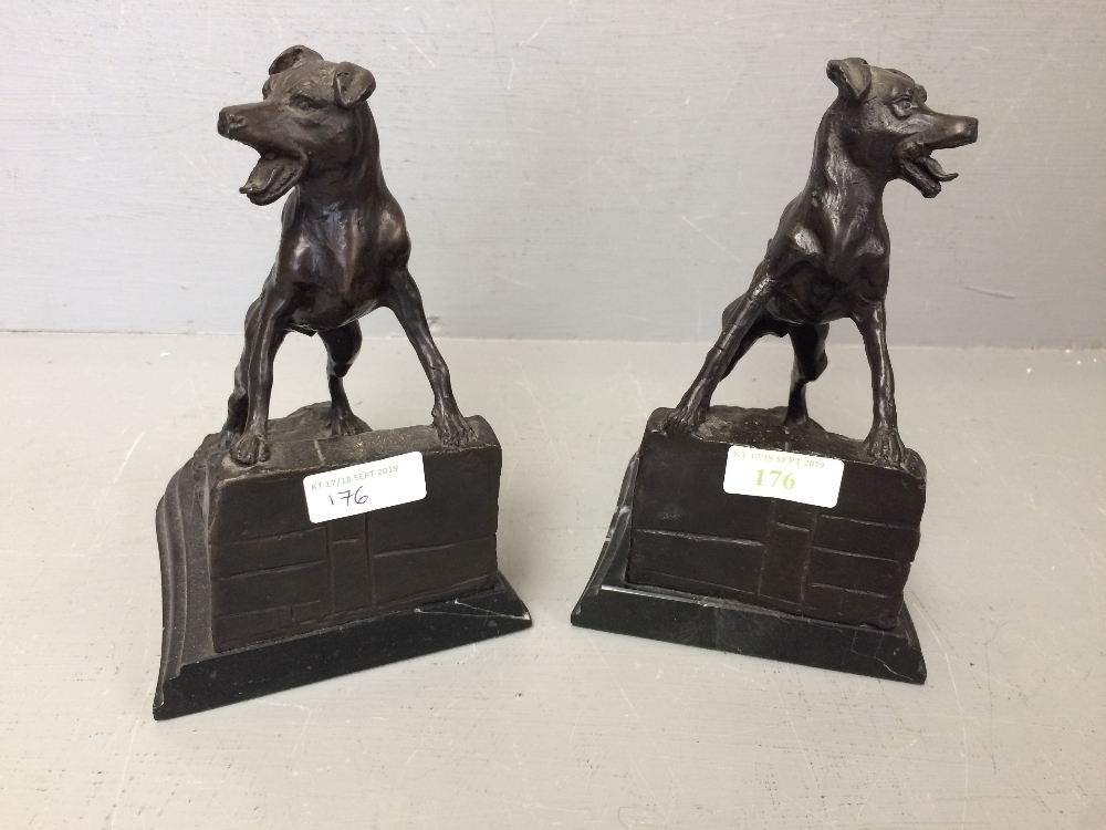 Pair of late C20th bronze bookends of dogs, signed E. Drouot 19.5 cm