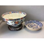 Large (40 cm dia) Imari pattern bowl on stand ( bowl riveted) & terracotta bowl (cracked)