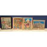 Wool work picture & 3 coloured Indian prints framed & glazed