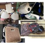 A number of desk lights, various domestic appliances, bags,umbrellas etc