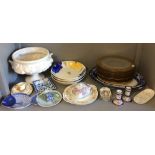 9 Glass & gilt dinner plates, qty of serving dishes & meat plates & assortment of other china