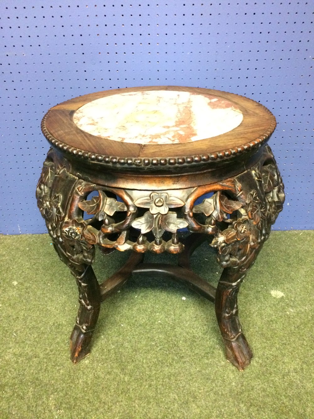 Small delicately carved Chinese hardwood stand with marble top 49 x 46 cm