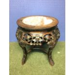 Small delicately carved Chinese hardwood stand with marble top 49 x 46 cm