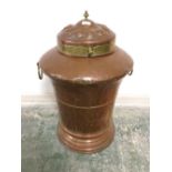 Antique copper circular milk churn with brass band lid & finial 70 cm