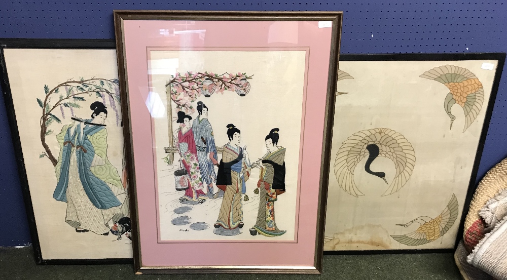 3 Framed pictures, 2 'Geishas' 1 'Exotic Bird' various sizes