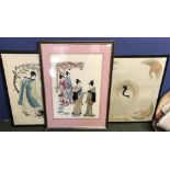 3 Framed pictures, 2 'Geishas' 1 'Exotic Bird' various sizes