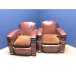 Pair of Art Deco leather covered library arm chairs (flat back of chair is not covered in leather)