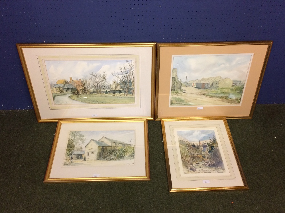 SUSAN WRIGHT 4 watercolours 'Charney Bassett' signed lower right 29 x 49 cm, 'Granary Bowden Farm'