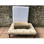 Upholstered foot stool in a cream fabric with blue flowers 124 x 90 cm & another smaller footstool