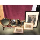 3 Circular wall mirrors, shield shape dressing table mirror & print & 2 watercolours framed & glazed