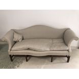 Mahogany camel back show framed sofa with scroll arms all upholstered in light pink/grey satin