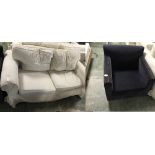 Cream 2 seater sofa upholstered in pincord material & purple covered arm chair