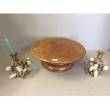 Treen 'Lazy Susan' 40 cm dia, gilt metal & porcelain candlesticks 17.5 cm