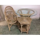 2 Bamboo arm chairs, 1 circular glass topped bamboo framed table