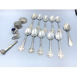 Hallmarked silver set of teaspoons Sheffield various dates (miniature clubs) & miniature pin cushion