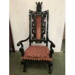 Oak carved William & Mary style upholstered armchair