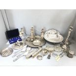 Large quantity of plated ware to include cutlery, ladies dressing table set, pair of 2 branch