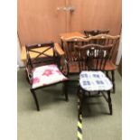 4 Modern stick back chairs, 1 dining carver, 2 bedside tables & modern pine table 61 x 71 cm etc