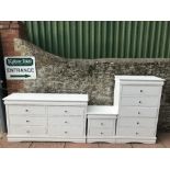 Modern white painted chest of 5 drawers 123 cm & matching bedside table & low chest of 6 drawers 147