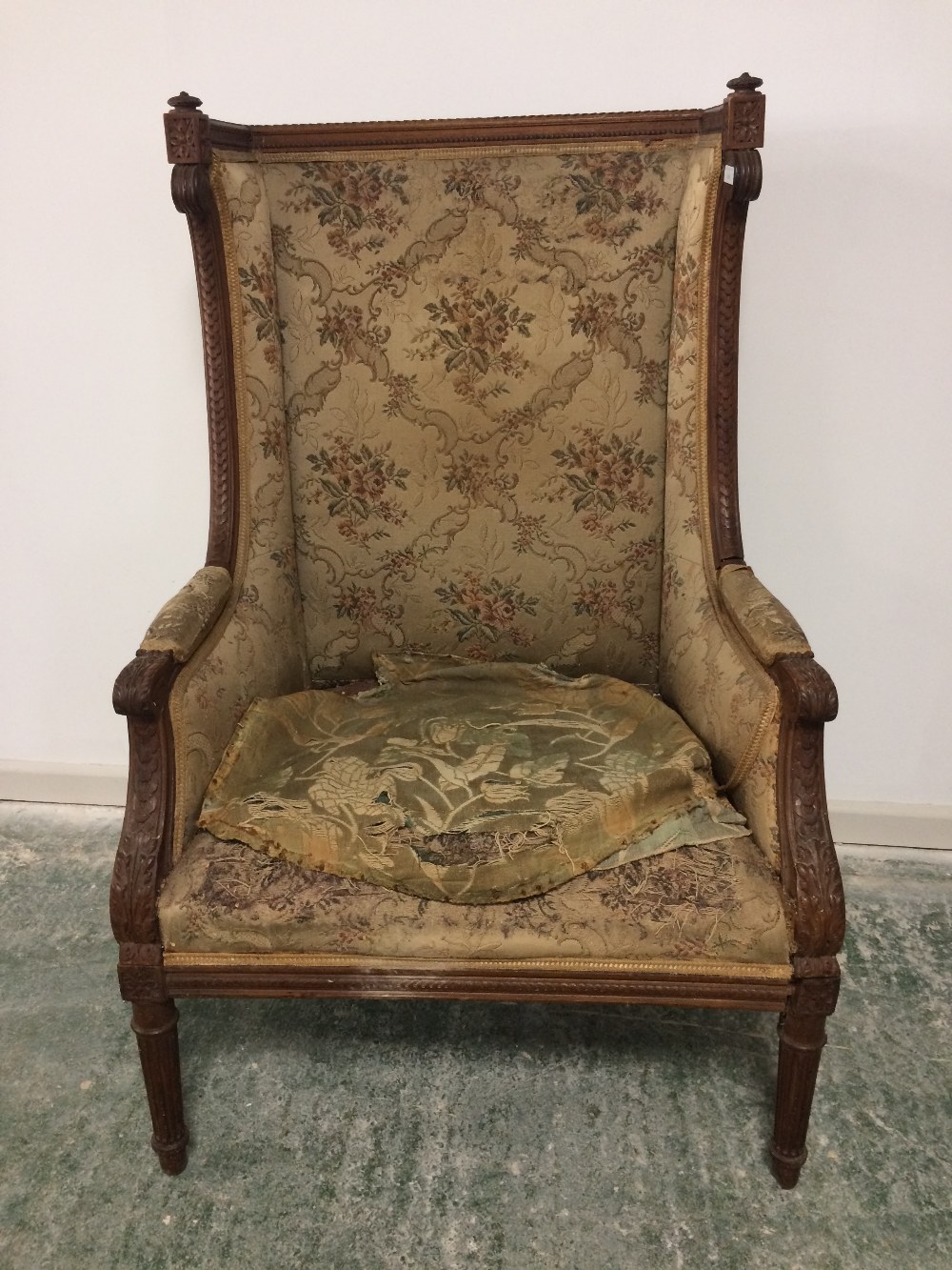 French carved oak show framed winged armchair (needs renovation) - Image 2 of 2