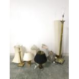 Brass standard lamp, a tube floor light & various assorted table & ceiling lights