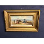 Gilt framed oil painting 'Victorian Ladies with Parasols on a Beach' 17 x 37 cm