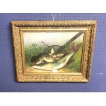 Gilt framed oil painting study of 'Freshwater Fish & Landing Net on Riverbank' 28.5 x 38 cm