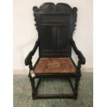 Oak high panelled Wainscot chair, carved WS 1672 115 cm h