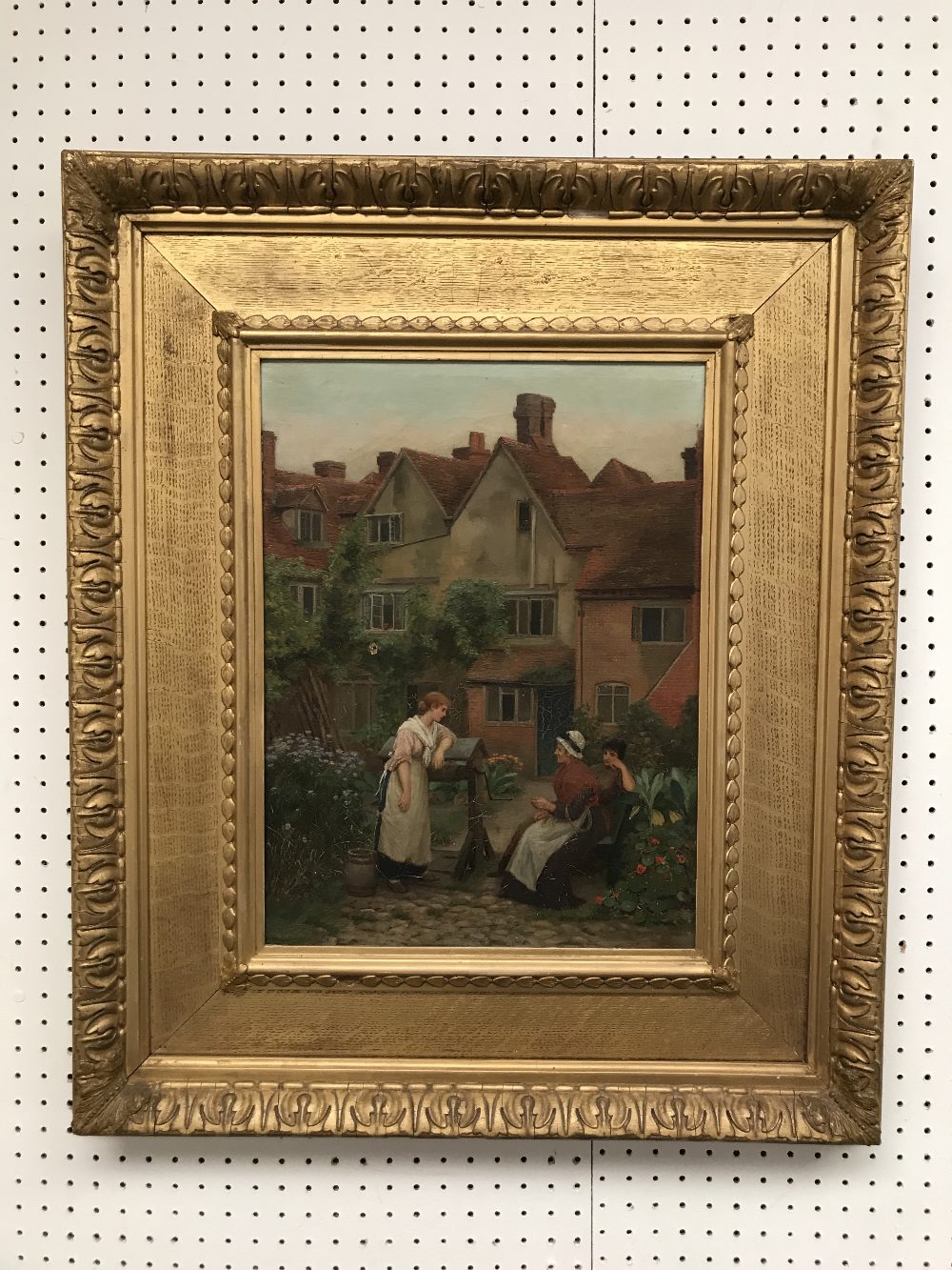 Early C20th oil on canvas 'Gossip in the Garden' 39 x 29 cm in gilt frame (small hole in canvas &