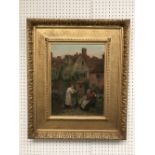 Early C20th oil on canvas 'Gossip in the Garden' 39 x 29 cm in gilt frame (small hole in canvas &