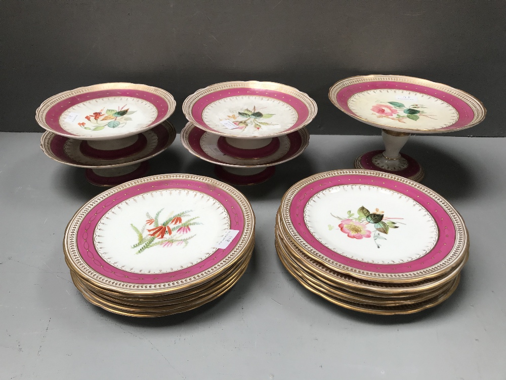 Continental hand painted dessert service with specimen flowers, pink & gilt rim