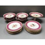 Continental hand painted dessert service with specimen flowers, pink & gilt rim