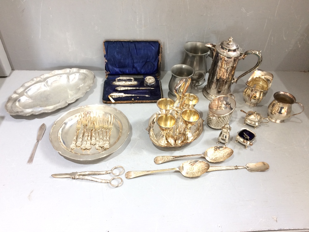 Qty of silver plate to include 4 egg stand & 2 modern pewter mugs