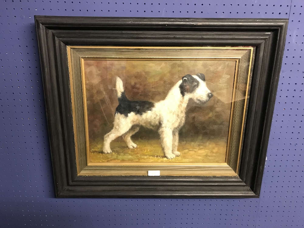 Ebonized framed oil painting study 'Terrier Dog in a Byre' 31 x 41.5 cm