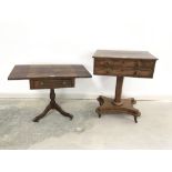 Victorian walnut pedestal table of 2 drawers on a column support 54 x 69 cm H & another small