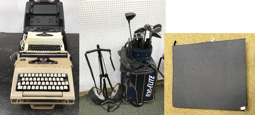 Golf clubs (mainly Transline), 2 typewriters & art portfolio