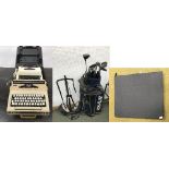 Golf clubs (mainly Transline), 2 typewriters & art portfolio