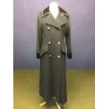 Daks ladies size 10 full length double breasted navy blue coat, brass buttons & velvet trim