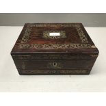 Rose veneered C19th jewellery box with brass inlay (in need of restoration)