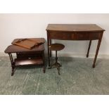 Bowfront mahogany sidetable, 2 mahogany book racks, small wine table & a tray