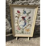 Firescreen with cream painted surround 96 cm & tapestry work of an exotic bird on foliage