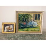 Oil on canvas 'Garden Scene' signed SW lower left 40 x 50cm, & another still life on board